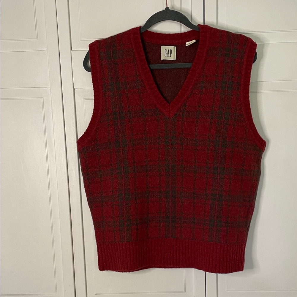 Vintage GAP Red and Green Gray Checkered Sweater Vest Men’s Large